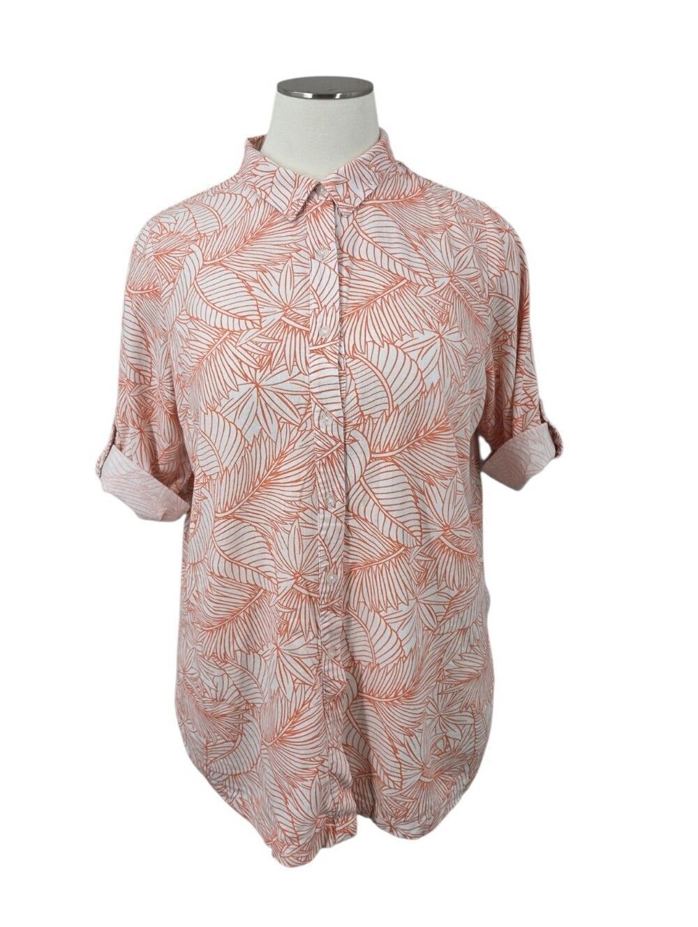 Jessica London Linen Blend Coral Leaf Print Button-Up Tunic Top Plus Size 22